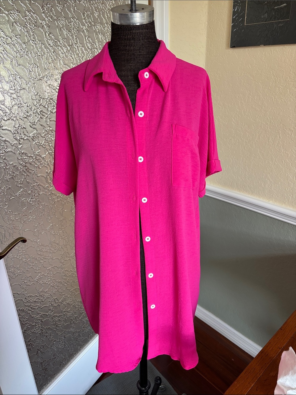 Womens beach coverup Casual Short-Sleeve Button-Down Shirt in Hot Pink